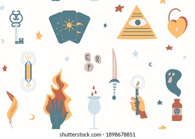 Nahtlose Mustermagie und Hexerei. Handgezeichnete, doodle Zauberkunstkollektion mit Tränke, Kristall, Messer, Zaubern, Runensteinen. Hintergrund für Design, Papier, Textilien, Stoff, Tapete. Vektorgrafik