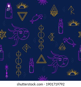 Patrón sin foco con símbolos de magia y brujería. Planetas, fases lunares en estilo doodle. Elixirs y pociones de amor en viales de vidrio. La fortuna, la realidad paranormal. vector de contorno
