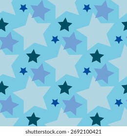 Nahtloses Muster mit magischen blauen Sternen auf hellblauem Hintergrund. Vektorbild.