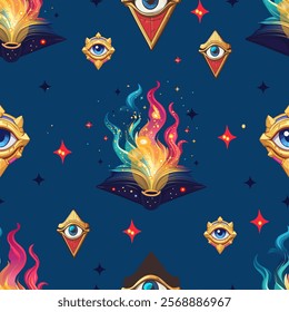 Seamless Pattern with Magical Books and Mystic Eyes. Design with Enchanted Books and All-Seeing Eyes. Mystical Pattern Featuring Eye Symbols