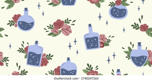 Seamless pattern with magical bottles and flowers. Magical elixirs background. Vector illustration.