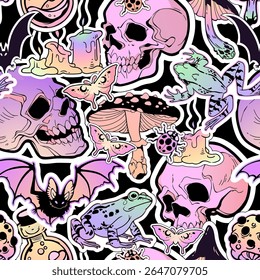 Seamless pattern with magical cartoon stylized elements - skulls, animals and plants