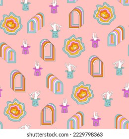 Seamless pattern with magical colorful hares or rabbits and abstract shapes. Psychedelic style illustration