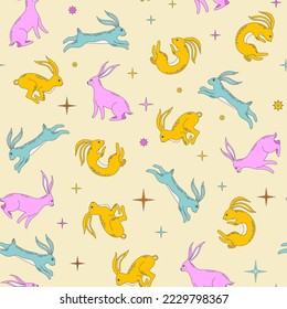 Seamless pattern with magical colorful hares or rabbits. Psychedelic style illustration