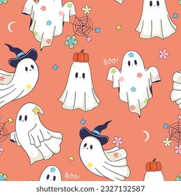 Seamless pattern with magical cute happy ghosts. Vector graphics.