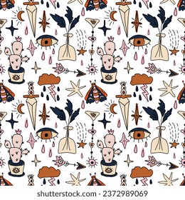 Seamless pattern with magical doodle elements. Woman hands, eyes and moth, alchemy esoteric magic space, vector
