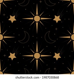Seamless pattern with magical elements: gold stars, the moon and the sun on a black background. Vector illustration.