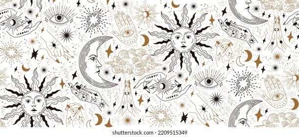 Seamless pattern with magical elements. Set of linear vector illustrations. Celestial illustrations depicting the sun, moon, planet, clouds. design elements for decoration in a modern style. Mystical 