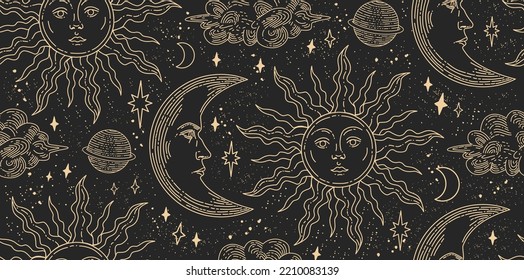 Seamless pattern with magical elements. Set of linear vector illustrations. Celestial illustrations depicting the sun, moon, planet, clouds. design elements for decoration in a modern style. 