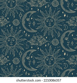 Seamless pattern with magical elements. Set of linear vector illustrations. Celestial illustrations depicting the sun, moon, planet, clouds. design elements for decoration in a modern style. 