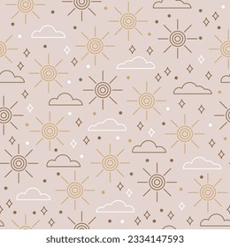 Seamless pattern with magical elements. Set of linear vector illustrations. Mystical boho pattern