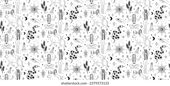 Seamless pattern with magical elements. Set of linear vector illustrations. Mythological pattern. Women's magic