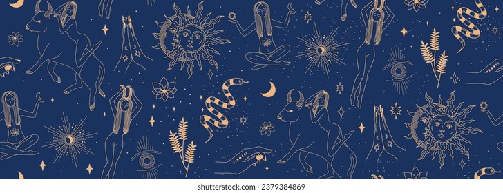 Seamless pattern with magical elements. Set of linear vector illustrations. Mythological pattern. Women's magic. Drawings in the sky. Blue background