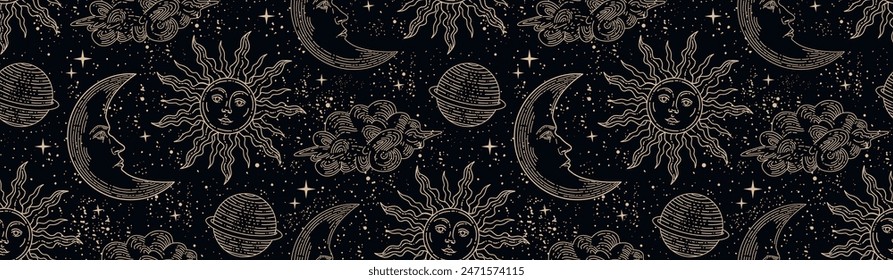 Seamless pattern with magical elements. Set of linear vector illustrations. Heavenly illustrations. 
Starry sky. Pattern with sun and moon. Moon with a human face. The sun with a human face.