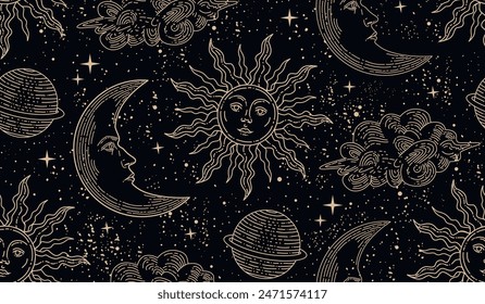 Seamless pattern with magical elements. Set of linear vector illustrations. Heavenly illustrations. 
Starry sky. Pattern with sun and moon. Moon with a human face. The sun with a human face.