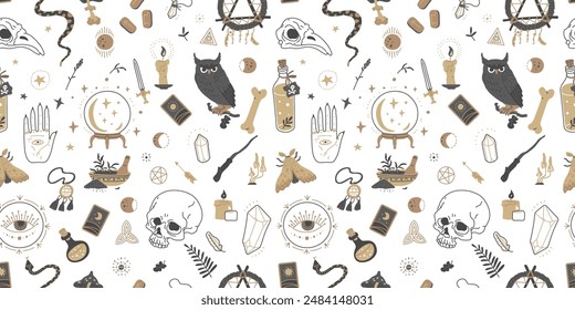 Seamless pattern of magical elements. Vector illustrations for occult design projects with Wicca alchemy symbols. Ideal for background or textile in flat style.