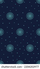 Patrón sin foco con ojos mágicos con sol. Fondo infinito, elementos decorativos, tela de color, textil, papel pintado. Ilustración vectorial.