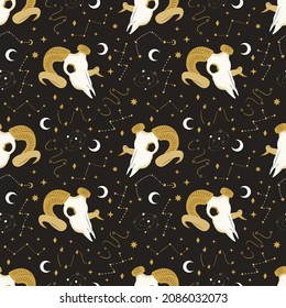 Seamless pattern of magical goat skull with celestial symbols of stars and moon. Witchcraft esoteric background for print, wrapping paper, textile, design. Boho style animal head with horns vector