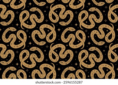 Seamless pattern with magical golden snake on black background Perfect for fabric design, packaging, astrology, wrapping paper. Vector Illustration in flat style