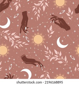 Seamless pattern with magical hands, sun, crescent, stars and herbs. Astrology illustration.