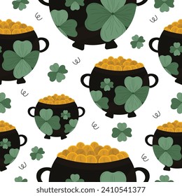 Seamless pattern - magical leprechaun pots with gold on  isolated background. St. Patrick's Day theme. For wrapping paper, wallpaper, seasonal decor.