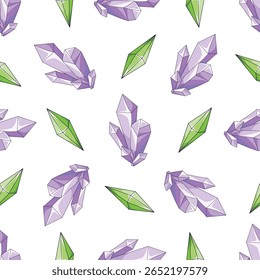 A seamless pattern with magical, light-reflecting purple and green crystals.