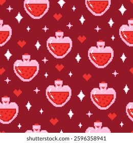 Seamless pattern with magical love potion, stars and hearts. Hand drawn vector illustration in pixel style for wrapping paper, textile, fabric.