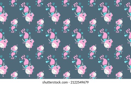 Seamless pattern of magical lovely little dreamy girls mermaids with pink hair floating peacefully in shells and bubbles on a dark background. Ideal for children's pajamas and bedroom decor. Vector.