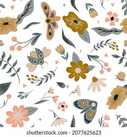 Seamless pattern with magical moth, bugs, beetles, plants and flowers