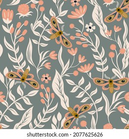 Seamless pattern with magical moth, bugs, beetles, plants and flowers