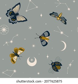 Seamless pattern with magical moth, bugs, beetles, constellation and stars 