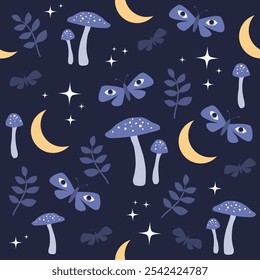 Seamless pattern with magical mushrooms, moths and crescent moons.