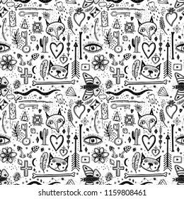 Seamless pattern with magical pattern. Mystical icon hand drawn print. Vector illustration for Halloween. Cartoon style