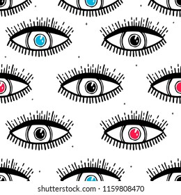 Seamless pattern with magical pattern. Mystical icon hand drawn print. Vector illustration for Halloween. Cartoon style