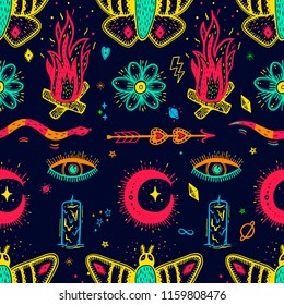 Seamless pattern with magical pattern. Mystical icon hand drawn print. Vector illustration for Halloween. Cartoon style