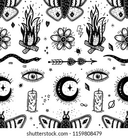 Seamless pattern with magical pattern. Mystical icon hand drawn print. Vector illustration for Halloween. Cartoon style