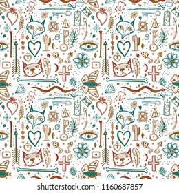 Seamless pattern with magical pattern. Mystical icon hand drawn print. Vector illustration for Halloween. Cartoon style