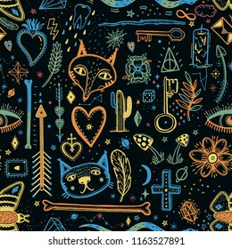 Seamless pattern with magical pattern. Mystical icon hand drawn print. Vector illustration for Halloween. Cartoon style