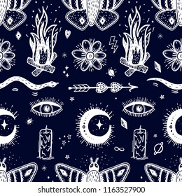Seamless pattern with magical pattern. Mystical icon hand drawn print. Vector illustration for Halloween. Cartoon style