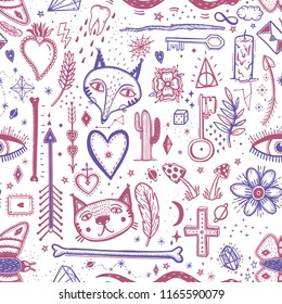 Seamless pattern with magical pattern. Mystical icon hand drawn print. Vector illustration for Halloween. Cartoon style