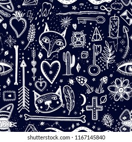 Seamless pattern with magical pattern. Mystical icon hand drawn print. Vector illustration for Halloween. Cartoon style