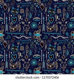 Seamless pattern with magical pattern. Mystical icon hand drawn print. Vector illustration for Halloween. Cartoon style