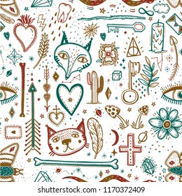 Seamless pattern with magical pattern. Mystical icon hand drawn print. Vector illustration for Halloween. Cartoon style