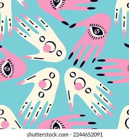 Seamless pattern with Magical mystical symbol hands with eyes. Vector illustration