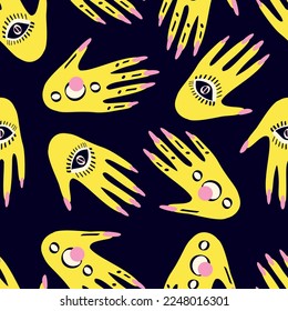 Seamless pattern with Magical mystical symbol hands with eyes. Vector illustration