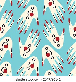 Seamless pattern with Magical mystical symbol hands with eyes. Vector illustration