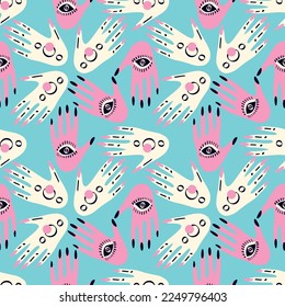 Seamless pattern with Magical mystical symbol hands with eyes. Vector illustration