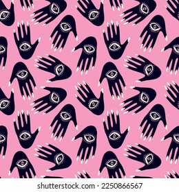 Seamless pattern with Magical mystical symbol hands with eyes. Vector illustration
