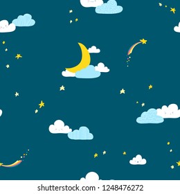 Seamless pattern. Magical night sky with stars, clouds and moon. Vector Childish hand-drawn illustration in simple cartoon style in pastel colors.