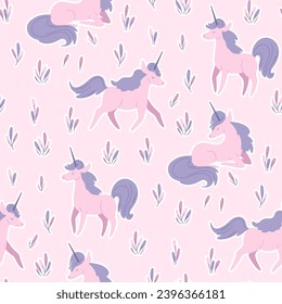 Seamless pattern magical pink unicorns in forest